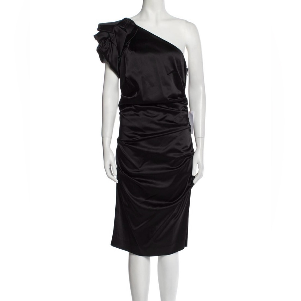 Nicole Miller One Shoulder Elegant Black Sheath Midi Cocktail Evening Dress NWT - Picture 1 of 13